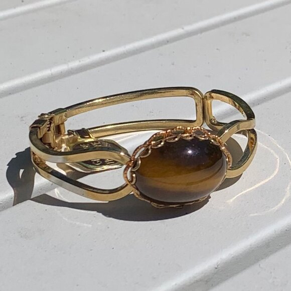 Vtg Genuine Tiger Eye Stone Cuff Bracelet - Picture 4 of 12